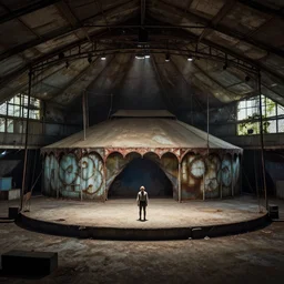 abandoned circus, there is one person in the middle of the stage, photograph, 50mm