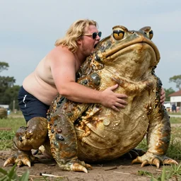 a leaked dramatic photo of a fat man kissing the worlds largest 4 meter toad. the fat man has long blonde hair, is wearing a swimsuit, 1 9 9 8 sunglasses and he is screaming