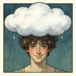 a character with a cloud on his head, raindrops instead of tears, disheveled thoughts, the subtle existence of reality in time, a beautiful face, a sweet smile by william morris