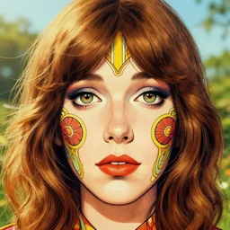 lucy in the sky with diamonds, beautiful eyes, symmetric and detailed face, blotter art, in the style of robert crumb and lisa frank, mucha, art nouveau, art deco, beautiful nature, serenity, cartoon, realistic, photograph, trending on artstation, vivid, beautiful, summer of love, tasty, smelling good, good vibrations, gentle breeze blowing
