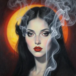 closeup digital portrait of a magical woman, transparent smoke from hell, notan sun in the background, abstract, surreal art, painted by beksinski and android jones