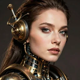 close - up portrait of a beautiful female steampunk android in the style of ex the fifth element
