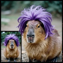 3 5 mm film photo of capybara with a purple wig