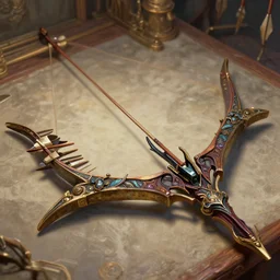 a bow of unlimited arrow artifice object study display on a table close up macro fantasy artwork detailed and intricate digital painting trending on artstation by wlop octane render