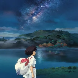 a beautiful matte painting of a magic lake by night with fog mountains in the background and the milkyway in the sky by studio ghibli and hayao miyazaki and kazuo oga, manga, trending on artstation