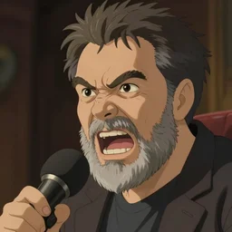 an angry man with a grey beard angry yelling at a radio mic, he looks like francois cluzet, art by studio ghibli and j. c. leyendecker and greg rutkowski and artgerm and aenaluck, portrait, highly detailed, digital painting, headshot, trending on artstation, concept art, sharp focus, illustration