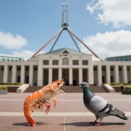 mutant shrimp fighting a pigeon in front of Canberra Paliament House