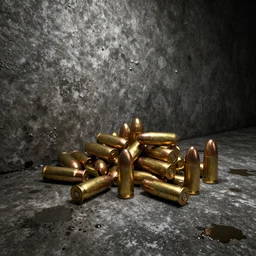 a pile of bullets firearms ammo pistol revolver grunge dirty in a dark concrete room oil stains