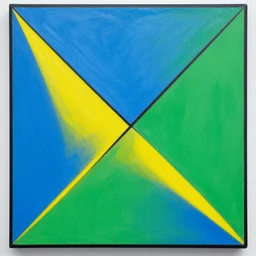 painting of rectangle, triangle shapes ( blue, yellow, green ) divided by black lines