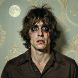 a handsome but creepy man in layers of fear, with haunted eyes and wild hair, 1 9 7 0 s, seventies, wallpaper, a little blood, moonlight showing injuries, delicate embellishments, painterly, offset printing technique, by coby whitmore, jules bastien - lepage