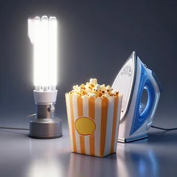 a bag of popcorn, fluorescent lamp, rembrandt lighting, iron, ray tracing reflections, lumen reflections, glowing edges
