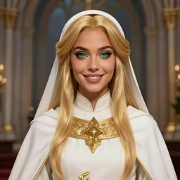 Pretty Female Cleric, white robes, golden details!, church background!, golden hair, green eyes, light brown skin!, detailed face, smile!, DND, D&D, low fantasy, by WLOP, Stanley Artgerm Lau, frank frazetta, Rossdraws, James Jean, artgerm, trending on Arstation, artstationHD, artstationHQ, cgsociety, HD 16K, extremely detailed, face details, pose