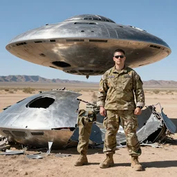us military soldier standing next to crashed ufo wreckage stainless steel metal professional portrait photo new mexico sonora desert in background