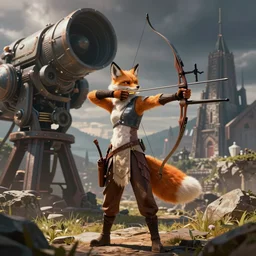 archer in fox costume shooting at a giant machine, hd, digital art