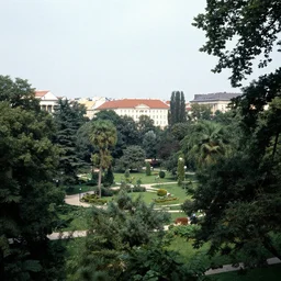 a park with trees and buildings in the background, a photo by zlatyu boyadzhiev, deviantart, danube school, panorama, 1 9 9 0 s, creative commons attribution