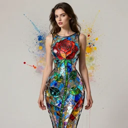 beautiful woman wearing a dress made from stained glass in the design of a rose. spatter paint by artgerm and greg rutkowski and ilya kuvshinov paul lerh