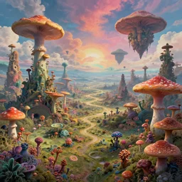 a view of a surreal alien variated planetary fractal landscapes with gigantic and small fungus and variations of exotic fungi of varying vibrant colors and sizes scattered across the vast landscapes, surreal clouds, floating islands, 4 k, retro, detailed, vibrant, weird skies, extradimensional, trending on artstation
