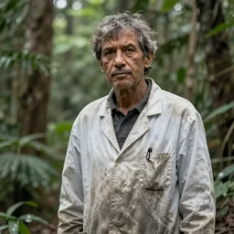 A feral psychiatrist in his natural habitat. He is in his forties and wearing a dirty worn out lab coat. 4K, National Geographic photograph