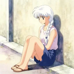 concept, girl sitting on street, against wall, pretty, sitting alone, looking left down street, long white braids, singular, akira toriyama, styled, photoshop mid filter, anime, watercolor, full far portrait, stylistic lighting + masterpiece,