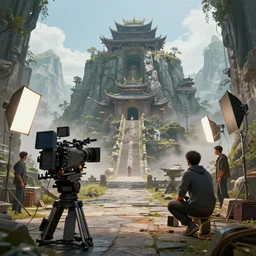 artstation scifi scene of mountain, chinese temple, camera, director, actor, lighting props, dangweiya unreal engine 5, hyper realism, realistic shading, cinematic composition, blender render, octane render, hdr, detailed textures, photorealistic