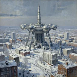 a oil painting of brutalism old atom winter soviet town from frostpunk by Simon Stålenhag, in style of fractal landscape by Simon Stalenhag, atompunk, Sci-Fi, 8k, ultra detail, volumetric lighting, unreal engine, octane render, ultra realistic, max quality, epic 35 mm lens shot, photorealism