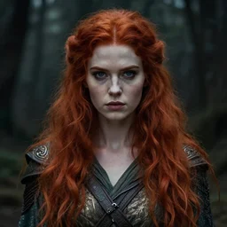 portrait of gorgeous redhead warrior girl of the feywilds, beautiful face, strong line, muted colors, shimmering clothing, moody lighting, high contrast, by brian froud, by john anster fitzgerald