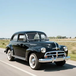 in the style of norman rockwell, thomas kinkade, 1 9 4 8 desoto car, black, driving through a 1 9 5 0 s town that's on fire, during the purge, night time, elaborate, high saturation, heat haze, violence, people shooting at each other, people beating each other