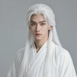 boy with snow white shoulder-length hair, wearing a white flowing robe. beautiful hyperdetailed eyes, concept art, illustration