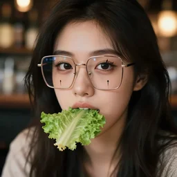 a girl in square glasses with dark hair and arrows on her eyes in a thin frame with a ping on her nose and lower lip looks at you in a bar and chews a green leaf of lettuce, digital art