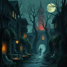beautiful street scene spooky dark city overgrown by victor nizovtsev