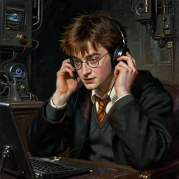 a epic norman rockwell painting portrait of harry potter listening to music in a dark liminal space room, gritty tech, deep focus, fantasy, intricate, elegant, highly detailed, digital painting, artstation, concept art, matte, sharp focus, illustration, dark fantasy style art, resident evil, art by artgerm and greg rutkowski and alphonse mucha