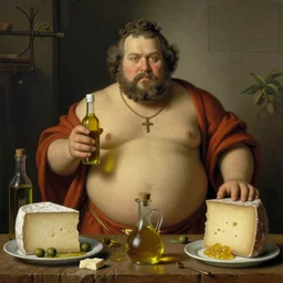 obese ancient priest looking straight at camera, by fernando botero, by zdzisław beksinski, cheese, oliven oil, grease, food, intricate details