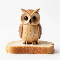 A wooden statuette of an owl on a piece of bread. solid Background.