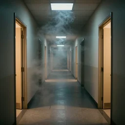 spooky photo of an infinite hallway with open lit doorways all the way down, dramatic lighting, smoke, ceiling fluorescent lighting
