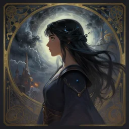 side profile centered painted portrait, Maya Ali as a storm sorcerer, D&D, matte painting concept art, beautifully backlit, official fanart, 4k, HDR, Trending on artstation, Behance, Art Nouveau, by Jesper Ejsing and RHADS and Makoto Shinkai and Lois van baarle and ilya kuvshinov and rossdraws and Cushart Krentz and Gilleard James