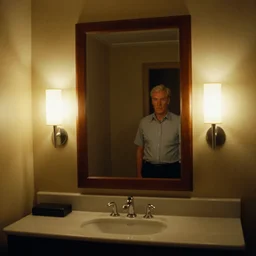 a mirror in a liminal hotel room, by David Lynch, strong lights