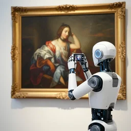 a robot taking a picture of a classical painting