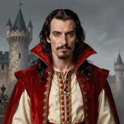 centered detailed, portrait of count dracula, played by christopher lee, medieval castle, art by jean giraud and moebius, realistic, expressive emotions, grey gradient, red and cream colours