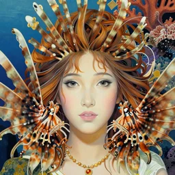 realistic detailed face portrait of an elaborately dressed beautiful lionfish queen with coral reef hair by alphonse mucha, ayami kojima, amano, charlie bowater, karol bak, greg hildebrandt, jean delville, and mark brooks, art nouveau, pre - raphaelite, gothic, coral reef by ernst haeckel, fantasy character concept design