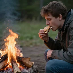a smore eating a human by a campfire