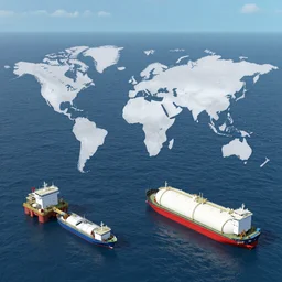 a world seen from above the sea, full of boats, LNG tanks, oilfields, with jet flight flying above in the air everything is connected by satelites