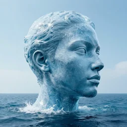 a giant sculpture of a human head on the ocean, made purely out of water, cinematic, in the style of johnson tsang, long shot, hyper detailed, hyper realistic, ray tracing, 8 k resolution, sharp focus, realistic water, award winning