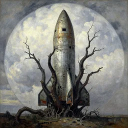abandoned rocketship, many thick dark knotted branches, detailed, ethereal, round clouds, dramatic lighting, rough unfinished artwork by albert bierstadt by Paul Cézanne