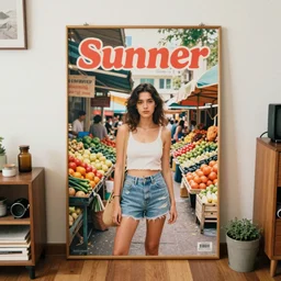 home photography portrait, inside of the Sunner, market, floor poster ; summer, Color VHS picture quality with mixed noise