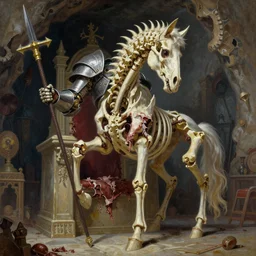 vibrant painting by Lisa Frank of a spiked horse skeleton with armored joints stands in a large cavernous throne room with halberd in hand, Massive shoulderplates. Extremely high detail, realistic, fantasy art, solo, masterpiece, bones, ripped flesh, by Zdzisław Beksiński, Arthur Rackham, Dariusz Zawadzki, Harry Clarke
