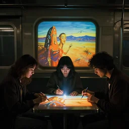 three friends in a dystopian subway making Dali paintings in a projector, volumetric, orange halation, dark, the scene is eerie and serene, photo realistic