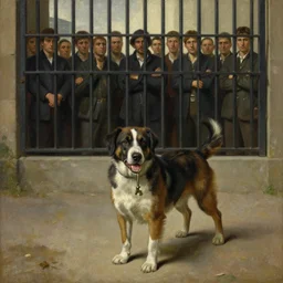 dog holding a key in mouth, group of men behind bars in the background, wide angle, realism, old painting, oil painting