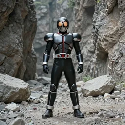 Biomechanical Kamen Rider standing in a rock quarry, single character, full body, 4k, rock quarry location, daytime, glowing eyes, rubber suit, ultra realistic, high quality, cinematic, centered, cinematography