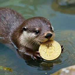 otter eating a large bitcoin in clear water, 4 k