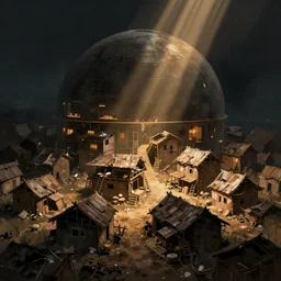 ramshackle village built around large dome, concept art, digital painting, style of jordan grimmer, warm lighting, futuristic, volumetric lighting, view from below,dark, nighttime, godrays, high detail
